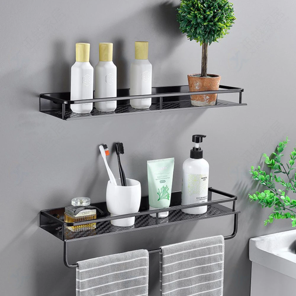 Wall Shampo Shelf With Bar Towel Holder Square Black Aluminum Hanger Hooks Organizer Kitchen Spice Rack Bathroom Accessories