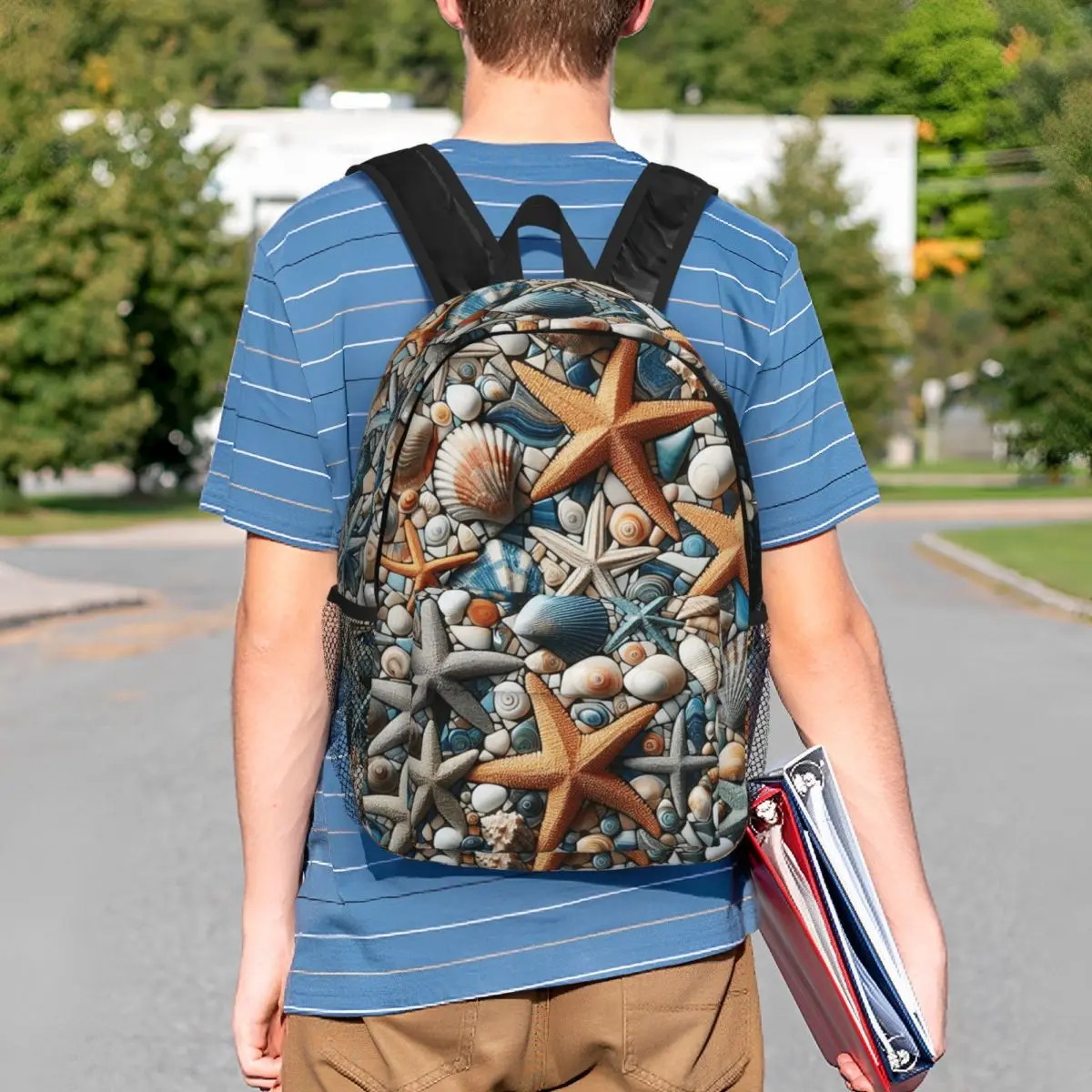 Beachthemed Starfish Shell Pattern Backpack Student BookBag Children School Bag Computer Shoulder Bags for Boys Girls