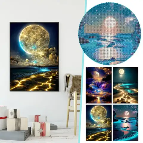 5D Diy Diamond Painting Moonlight Beach Diamond Art Kits Full Square Round Embroidery Mosaic Fantasy Landscape For Beginners