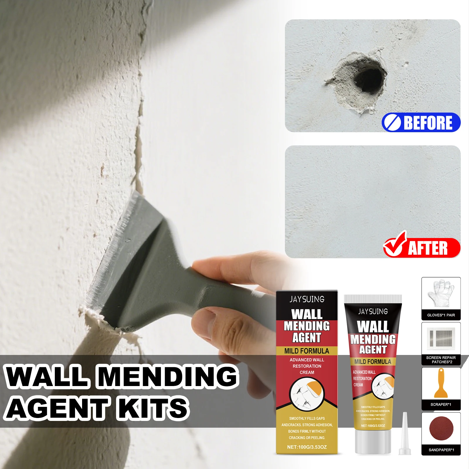 JAYSUING Wall Mending Agent Kits Wall Repair Cream with Scraper Paint Effectively Mouldproof Fast Drying Restore Patch Nail Hole