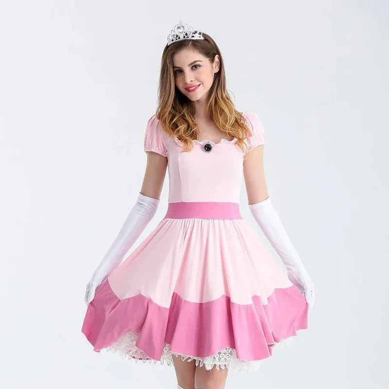 Carnival Halloween Lady Peach Princess Queen Costume Birthday Party Pink Dress Outfit Cosplay Fancy Party Dress