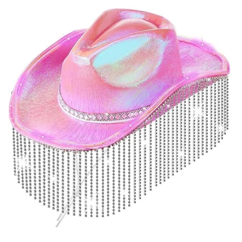 49MF Vacation Cowboy Hat with String Light LED Shining Sequins Gleaming Tassels for Club Carnivals Music Festival