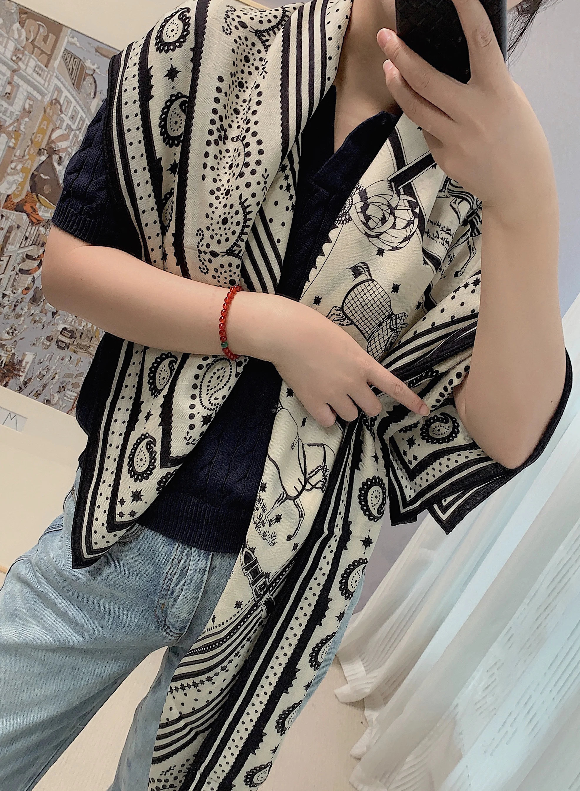 Silk Wool Horse Scarf Women Giant Hand Rolled Edge Shawls Square Bandanas Top Accessories Bag Neck Scarves for Ladies Foulard