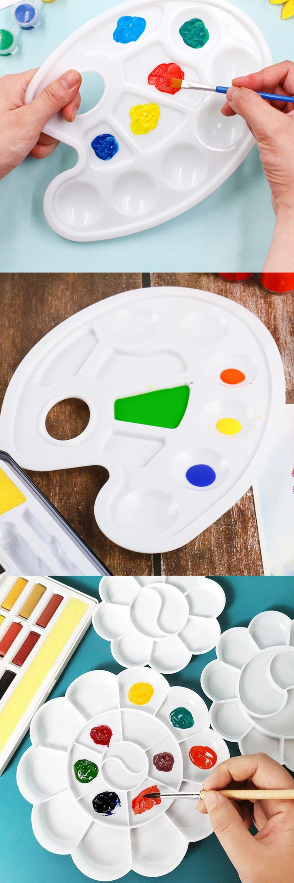 1PC Kunststoff Farbe Tablett Weiß Zeichnung Palette Blume Fuß Runde Platz Wiederverwendbare Aquarell Ölgemälde Palette Kunst Ausrüstung ZYF – Detail 1