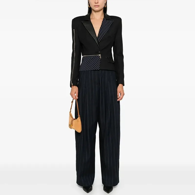 Women's Color Block Patchwork Blazer Metal Zipper Decor Waist Slim Fit Professional Suit Jacket