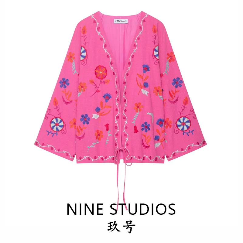 

NINE ZA Women's Embroidered Open Cardigan Belted Loose Vintage Jaet Casual Sle Cotton ort Outerwear for Ladies