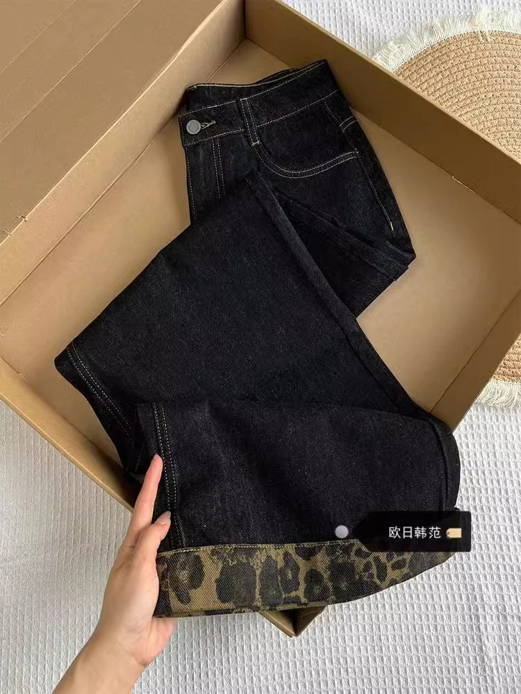 

WCFCX STUDIO Vintage Leopard Print Stitching Baggy Jeans Women Street Hip Hop High Waisted Jeans Casual Versatile Straight Pants