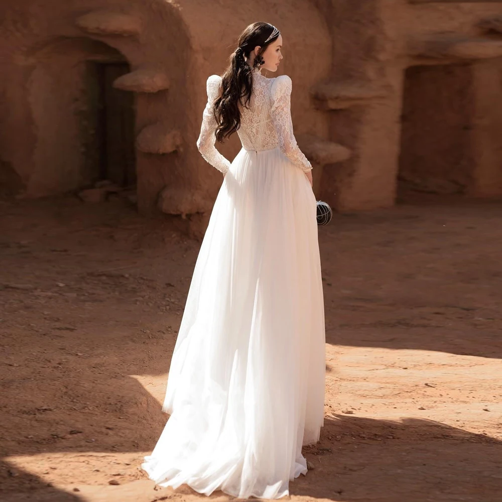 แขนยาวชุดแต่งงานสายคอที่กําหนดเองเจ้าสาว Grown Applique ลูกไม้ Tulle ภาพลวงตาซิป Vestido de novia