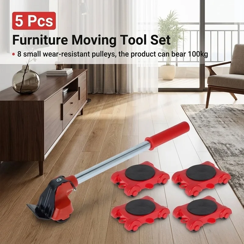 Heavy Duty Furniture Moving Tool Set 5Pcs Lifter Roller Wheels with Pry Bar for Sofa Cabinet Appliance Transport