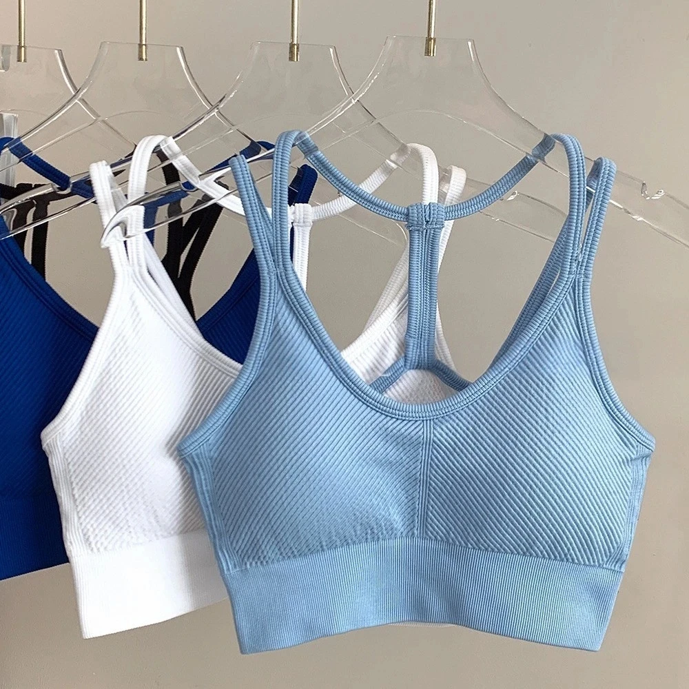 Women's Seamless Stretchy Backless Spaghetti Strap Sports Bra Tank Top - with Bra Pads for Yoga & Fitness