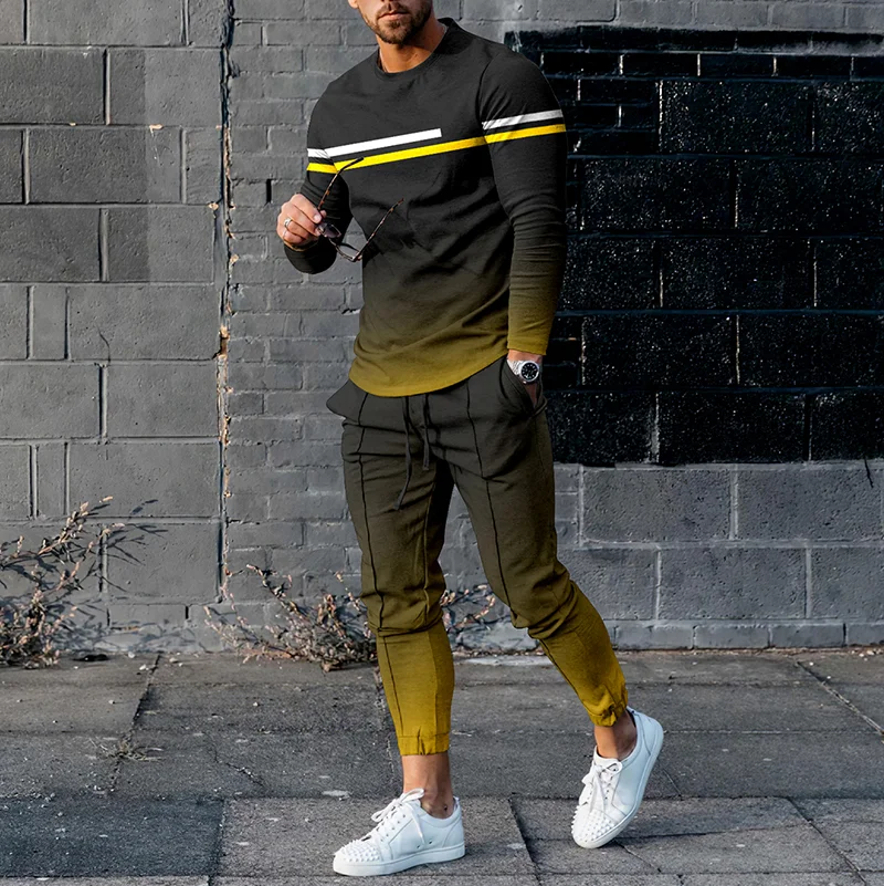 3Dプリントのメンズ2ピーススポーツウェアセット,長袖パンツ,カジュアルセーター,春と秋の服