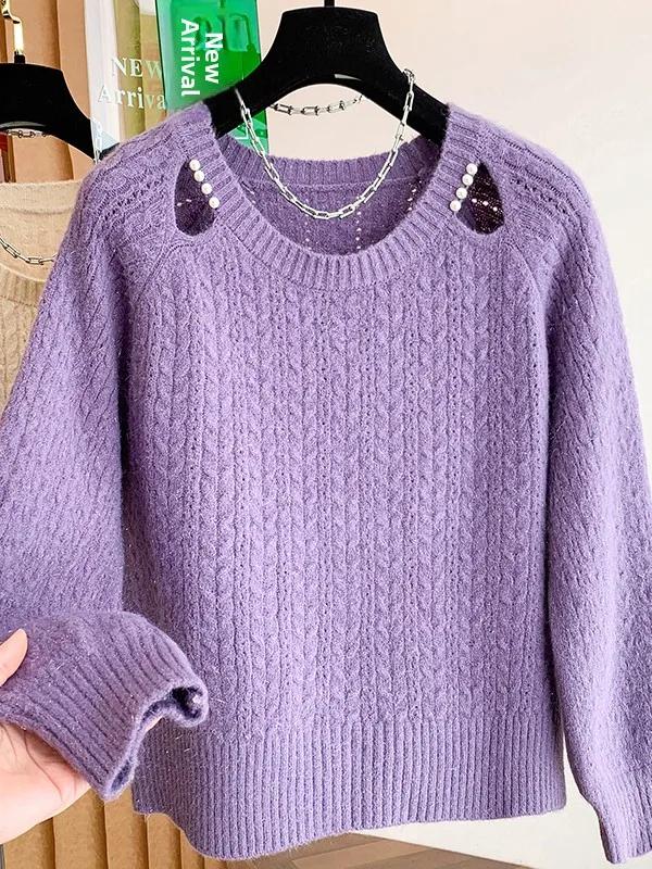 Damen-Pullover, locker gestrickt, ausgehöhlt, mit Perlen verziert, weich, gemütlich, Lazy Sle, Innenbekleidung, Herbst und Winter