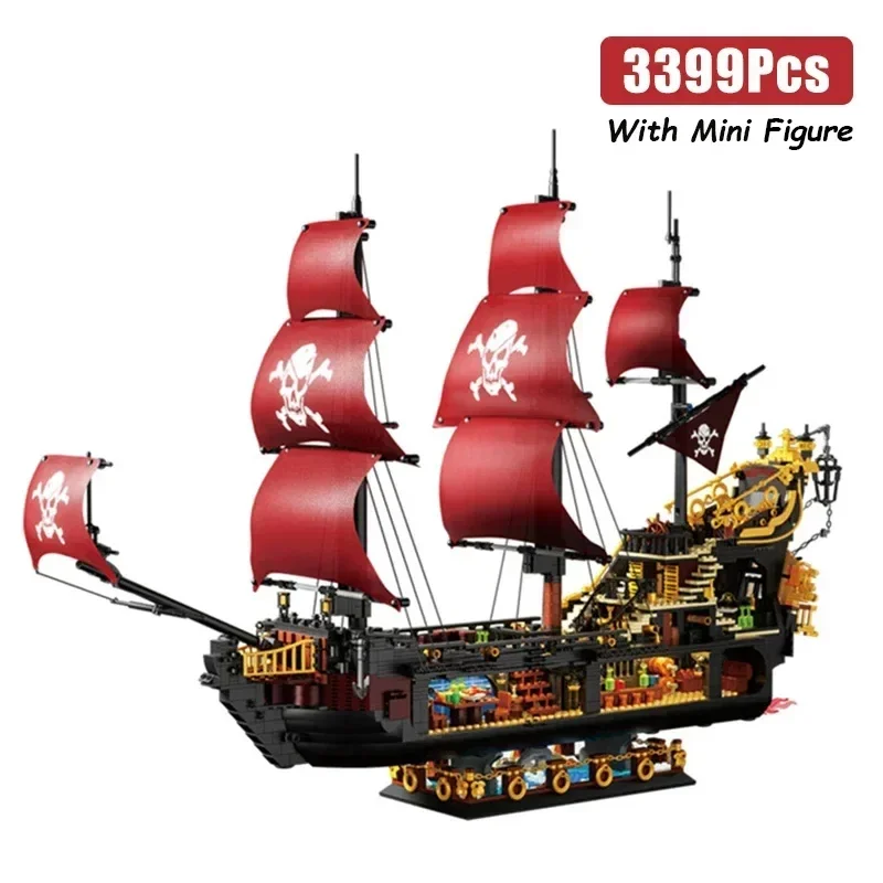 3399 Stück Phantom Königin Piraten schiff Bausteine klassische Segelboot Modell Steine mit leichten Mini Puppe Kinder DIY Spielzeug Weihnachts geschenk