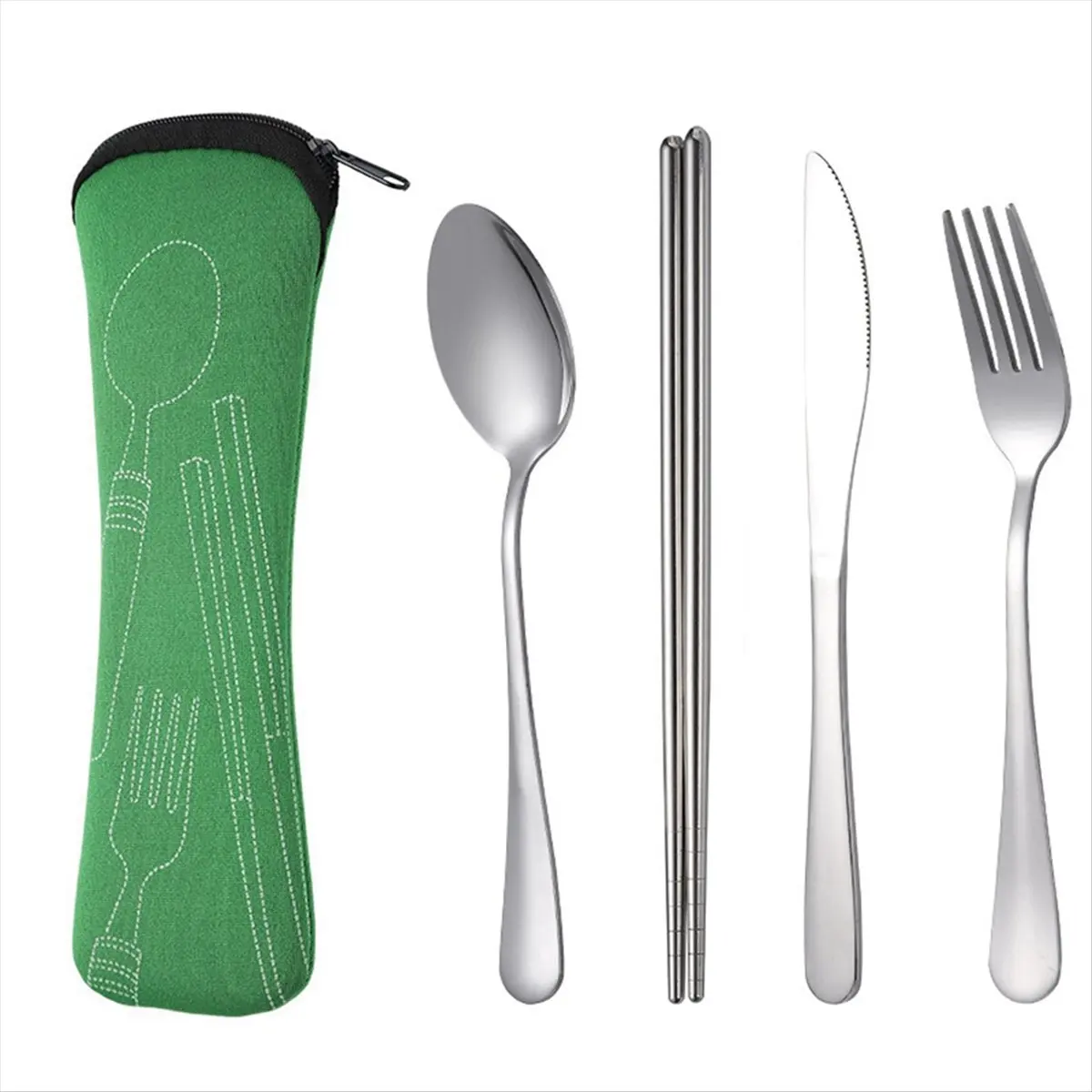 【TODAY-BUY】4Pcs Set Dinnerware Portable Stainless Steel Spoon Fork Steak Knife Set Travel Cutlery Tableware with Bag Green