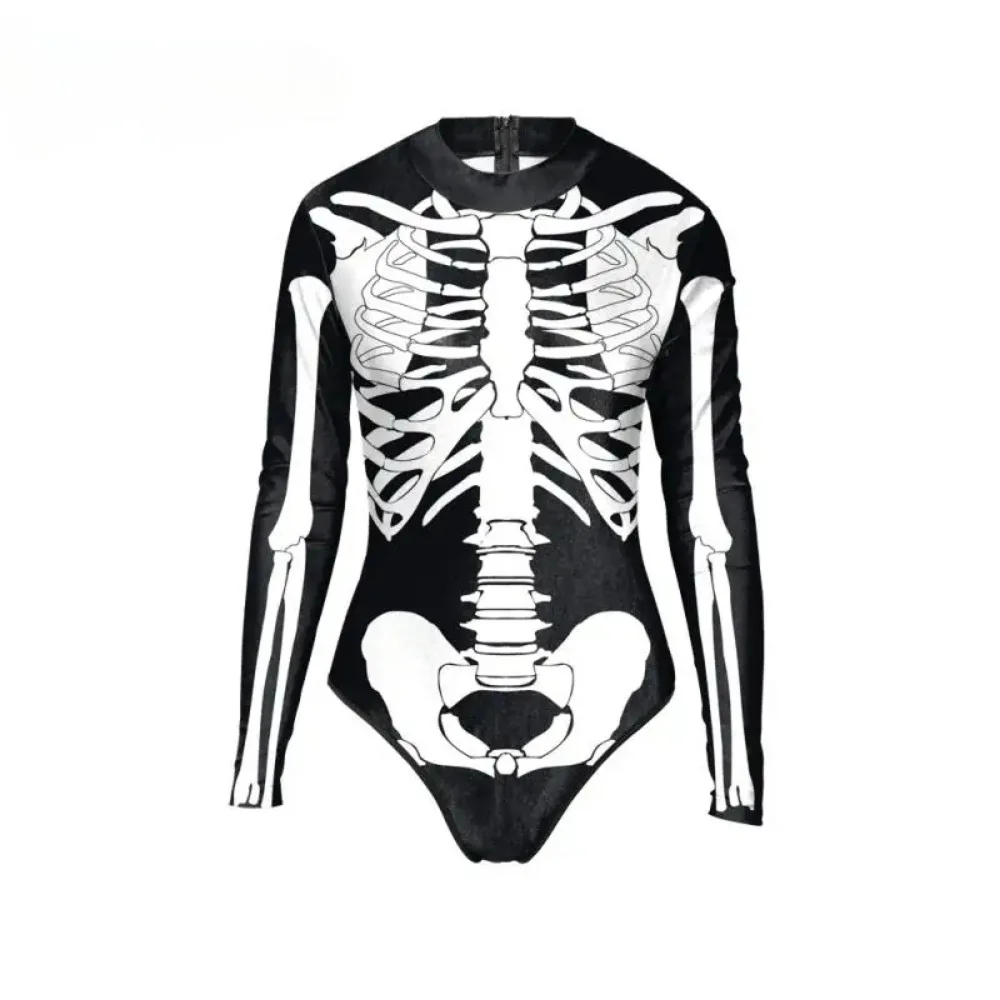 [Teanoon] Adult Scary Skeleton Swimsuit Halloween Cosplay Party Rompers Day Of The Dead Zentai Jumpsuit Party Suits