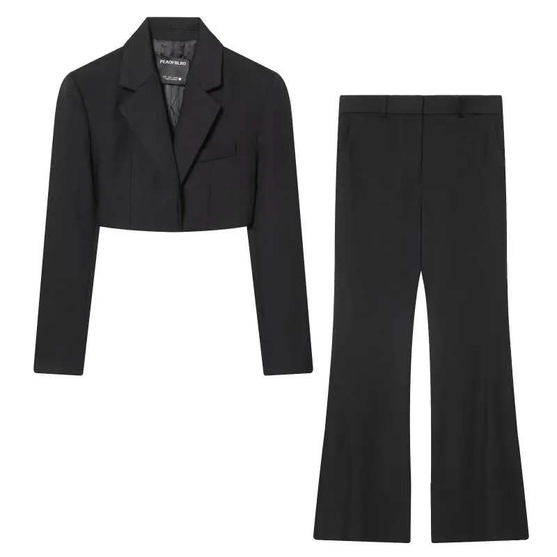 

Women’s Retro Straight Crop Waist Cut Out Suit Set with Commuter Loose Low Waist Flare Floor Length Trousers Office Wear