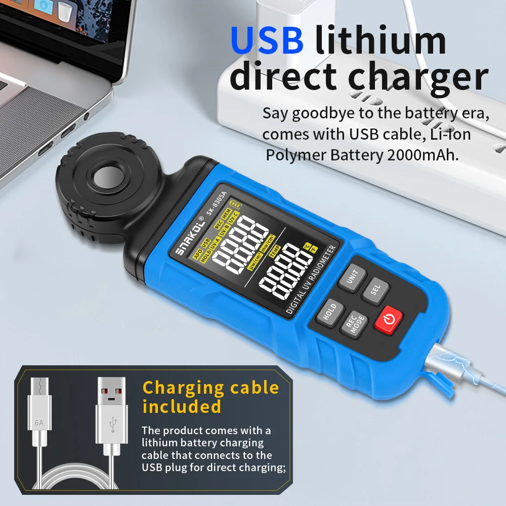 SNAKOL SK-8305A Digital UV Radiometer UVA UVB UVC Tester 253.7nm Germicidal Lamp Detector Type-C Rechargeable Data Storage