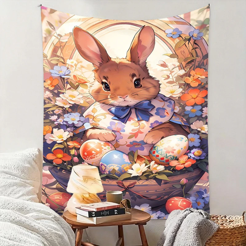 1PC Easter Rabbit Basket Art Print Backdrop Banner, Bedroom Living Room Photo Background, Polyester, Home Decor, Wall Art