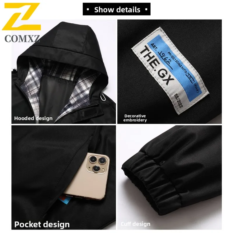 COMXZ Men Hooded Jacket 2025 Grid Splicing Outdoor Windproof Adventure Hiking Camping Hunting Jackets Autumn Adventure Outerwear