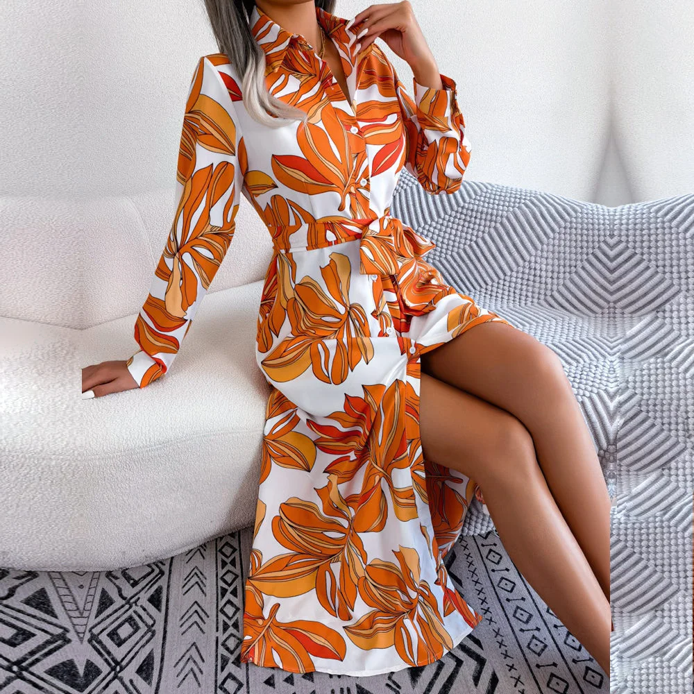 Ficusrong Women Spring Summer Contrast Floral Polo Collar Lace Up Shirt Dress For Ladies Single Breasted Long Dress