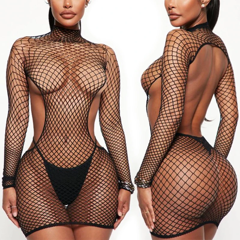 Sexy Open Back Babydoll Dress Erotic Wrap Hips Lingerie Women High Neck Long Sleeve Bodysuit Fishnet Hollow Baby Dolls Underwear