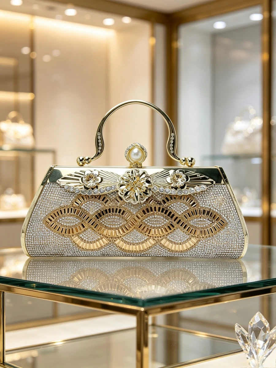 Gold Silver Grid Rhinestone Clutch Bag Floral Crystal Metal Frame Pearl Lock Top Handle Evening Handbag Luxury Wedding Formal
