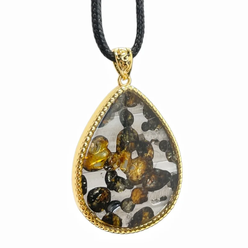 Authentic Seymchan Meteorite Necklace  Gold-Plated Frame  Transparent Slice with Peridot Crystals Pendant LK399