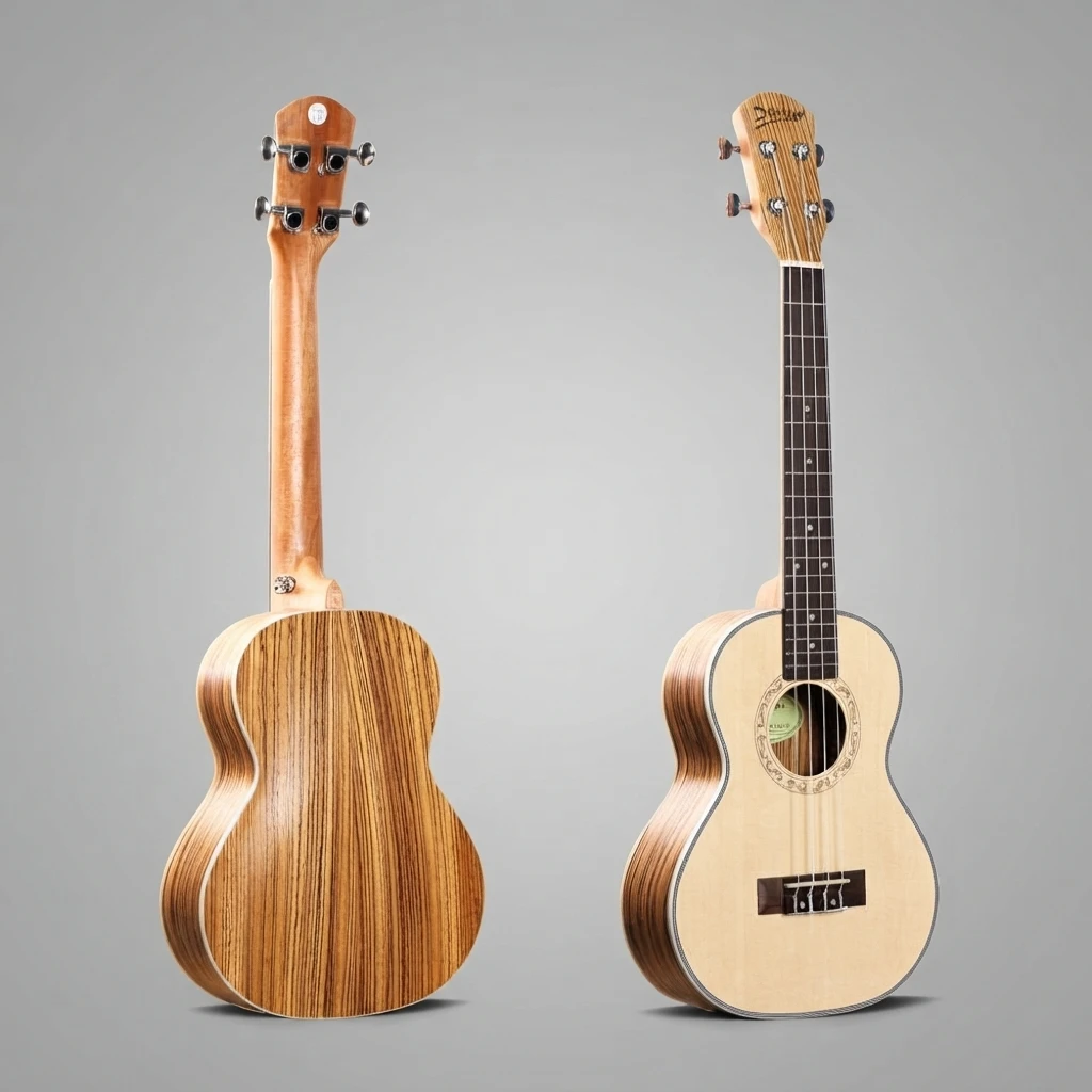 Striped Exotic Back Soprano Ukulele, Natural Light Top, Black Closed Tuners, 4 Strings, Decorative Rosette for Beginners
