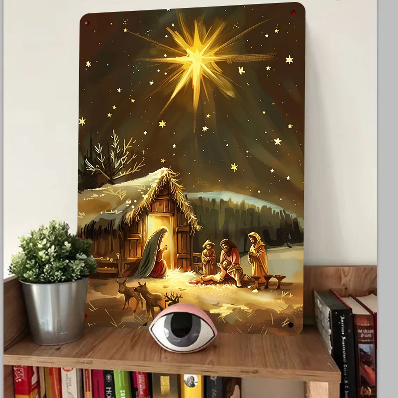 Christmas Nativity Scene Metal Tin Sign Christian Decor Jesus Manger Wall Art Hanging Ornament