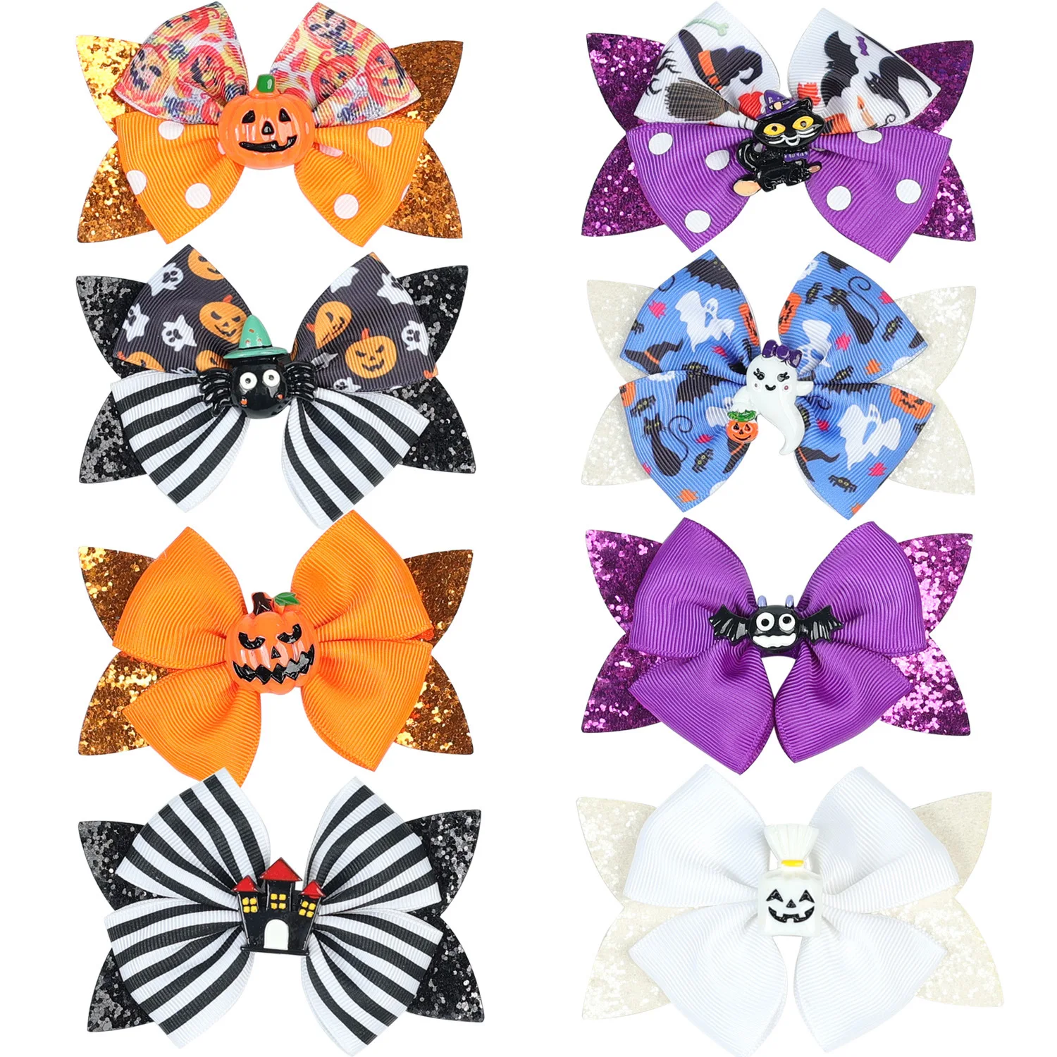 40pc/lot Halloween Barrettes Pumpkin Skeleton Skull Print Ribbon Bow Hair Clips Girls Glitter Bow Hairpin Kid Halloween Headwear