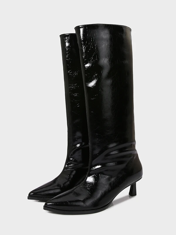 

Women's Pointed Toe High Heel Boots Autumn Winter New Black Wide Calf Fashion Trousers Tube Boots PU Leather Rubber Sole