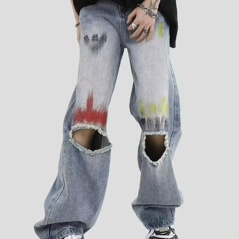 

Синие потертые рваные джинсы, мужские летние прямые брюки в американском стиле ретро, модный брендовый тренд