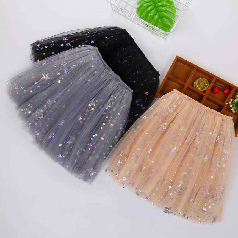 3-12Yrs Girls Starry Skirts Princess Mesh Tutu Summer Sequins Fantasy Snowflake Children Pleated Skirt Sweet Baby Party Tulle