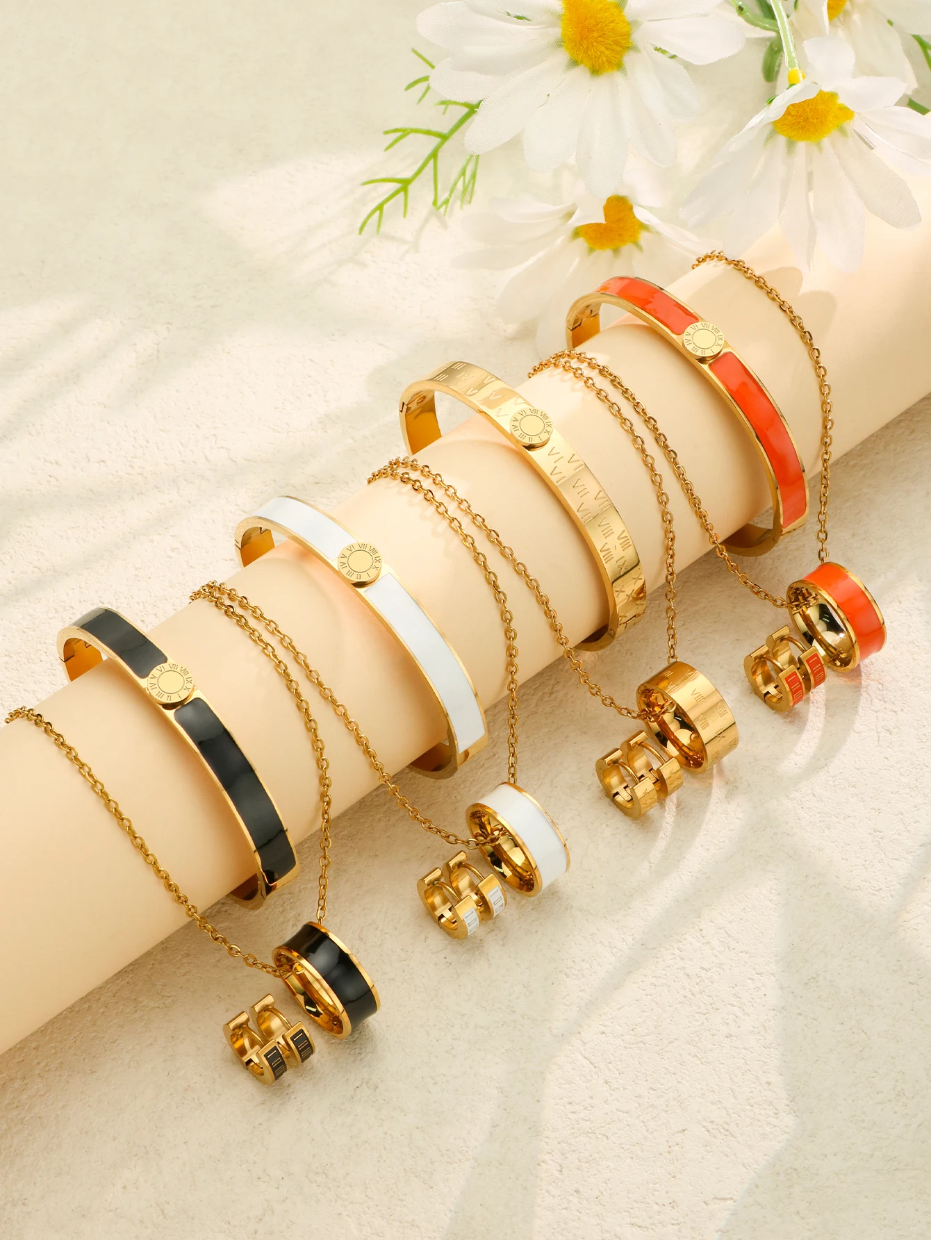 4pcs New Trend Enamel Bangles Roman Numeral Necklace Bracelet Earrings Set Fashion Stainless Steel female jewelry wedding bijoux