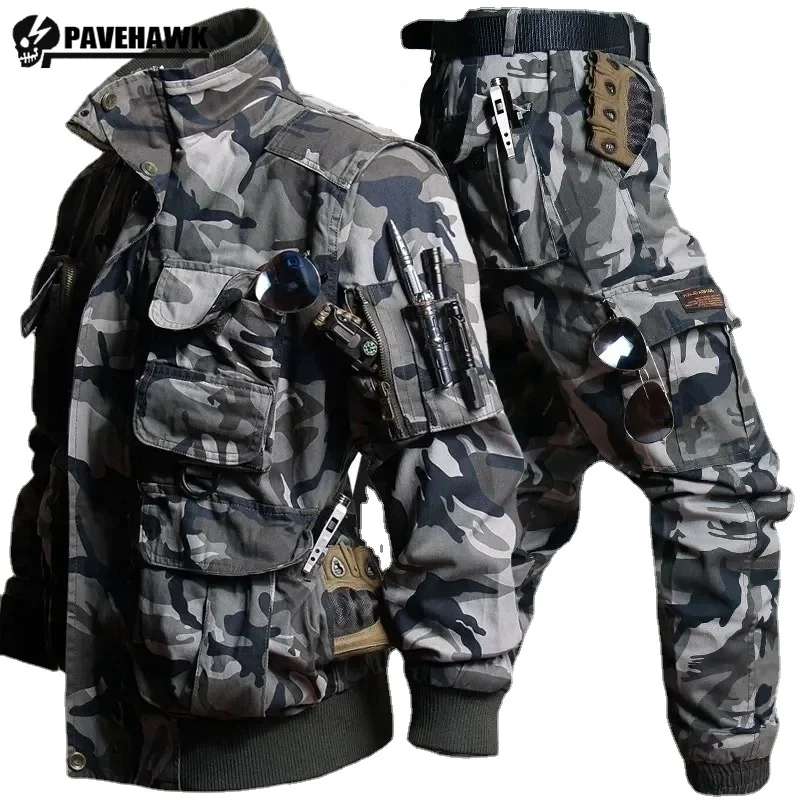 Mens Camouflage ชุดหลายกระเป๋าเสื้อแจ็คเก็ตยุทธวิธี + การล่าสัตว์กางเกง 2-pcs กลางแจ้งสวมใส่ Windproof การฝึกอบรมชุดใหม่