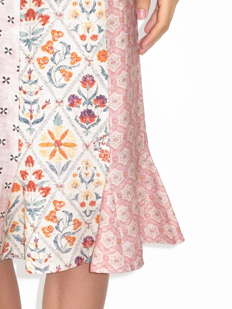 CHEERART Różowa Spódnica Syrenka w Kwiaty z Naszywkami dla Kobiet Lato 2025 Długość do Kolan Moda Damska Dół Odzież Projektantów