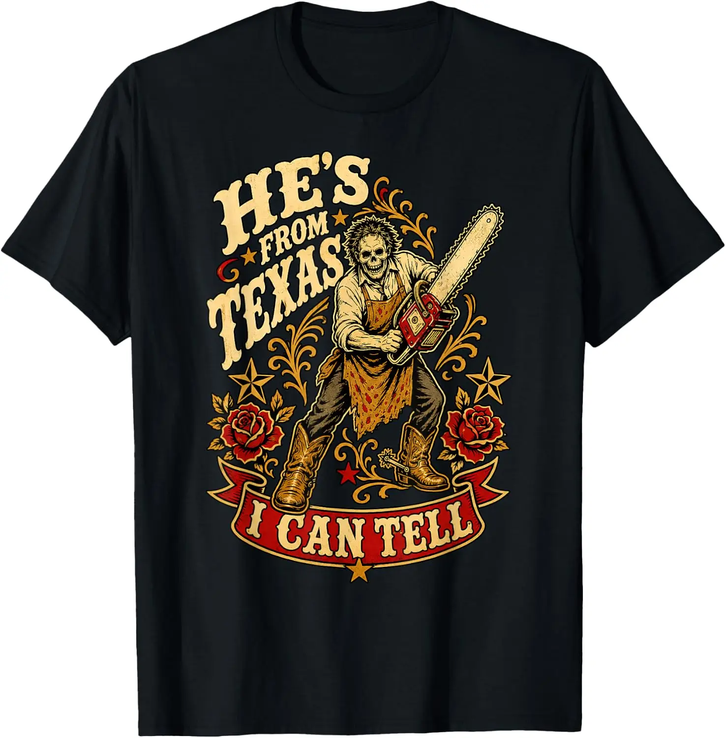 Hes From Texas I Can Tell Horror Skeleton Cowboy T-Shirt Stylish, Breathable, 100% Cotton Short-Sleeve Tee With Fun, Humorous