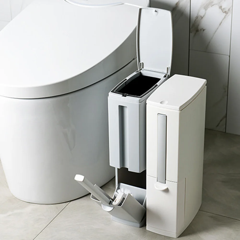 

Integrated Trash Can and Toilet Brush Set Rectangular Toilet Brush and Waste Bin Set One-Key Opening Multifunction for Bathroom