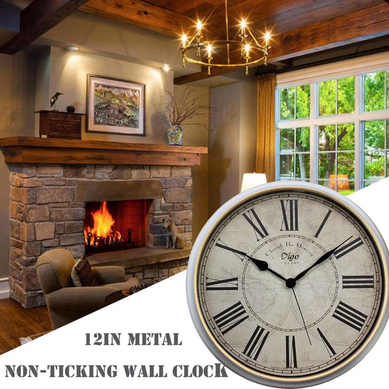 Digo Wall Clock Metal Silent Non-Ticking Battery Quartz Retro Rome Digital Clocks 15 Inch Decor Table Dial For Bathroom