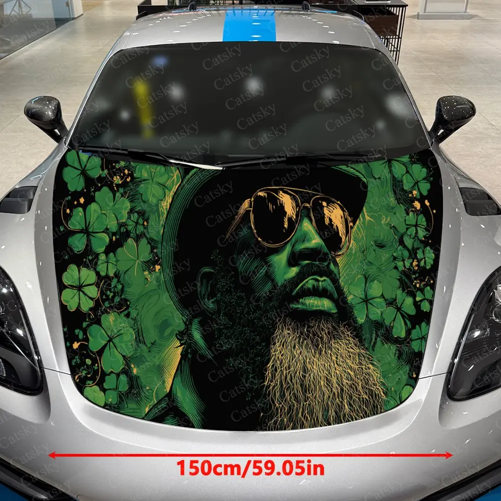 Green-Gold Trendsetter Clover Car Vinyl Wrap, PVC Material Waterproof Car Hood Sticker, Self-Adhesive Scratch-Resistant Stickers