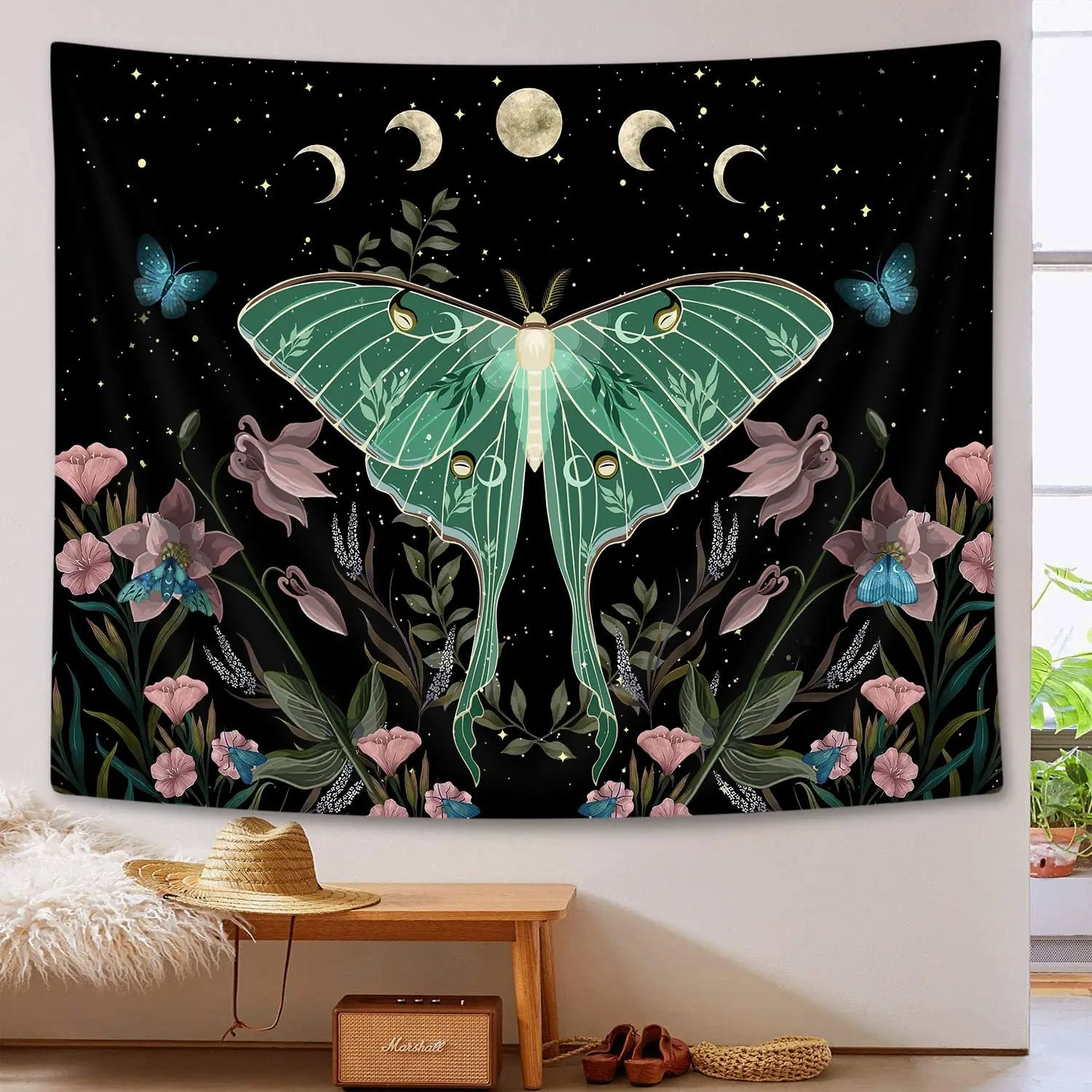 Moon Phase Stars Cute Plants Butterfly Floral Botanical Nature Aesthetic Celestial Wall Tapestries for Bedroom Home Living Room