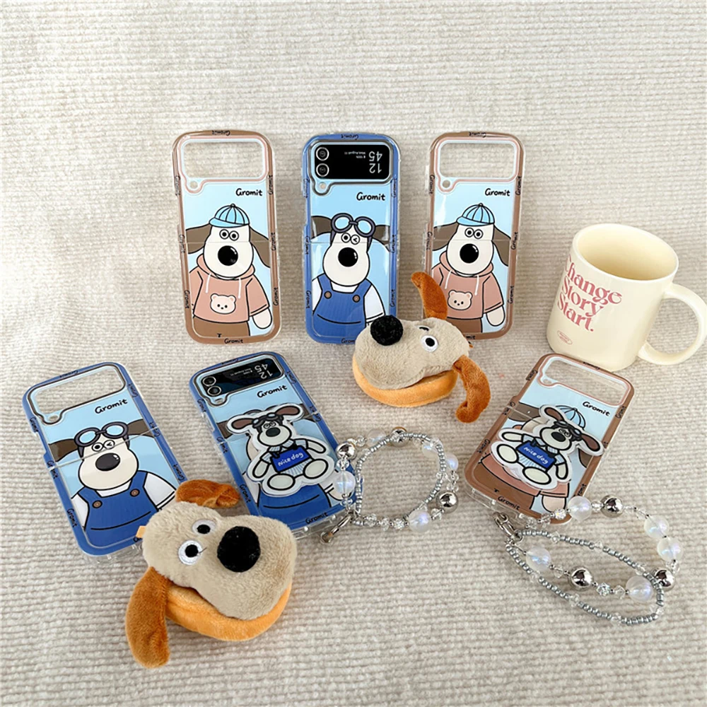 Cute Gromits with Pendant Bring Support Phone Case for Samsung Galaxy Z Flip 3 4 Z Flip 5 6 5G PC Hard Anti-drop Back Cover Gift