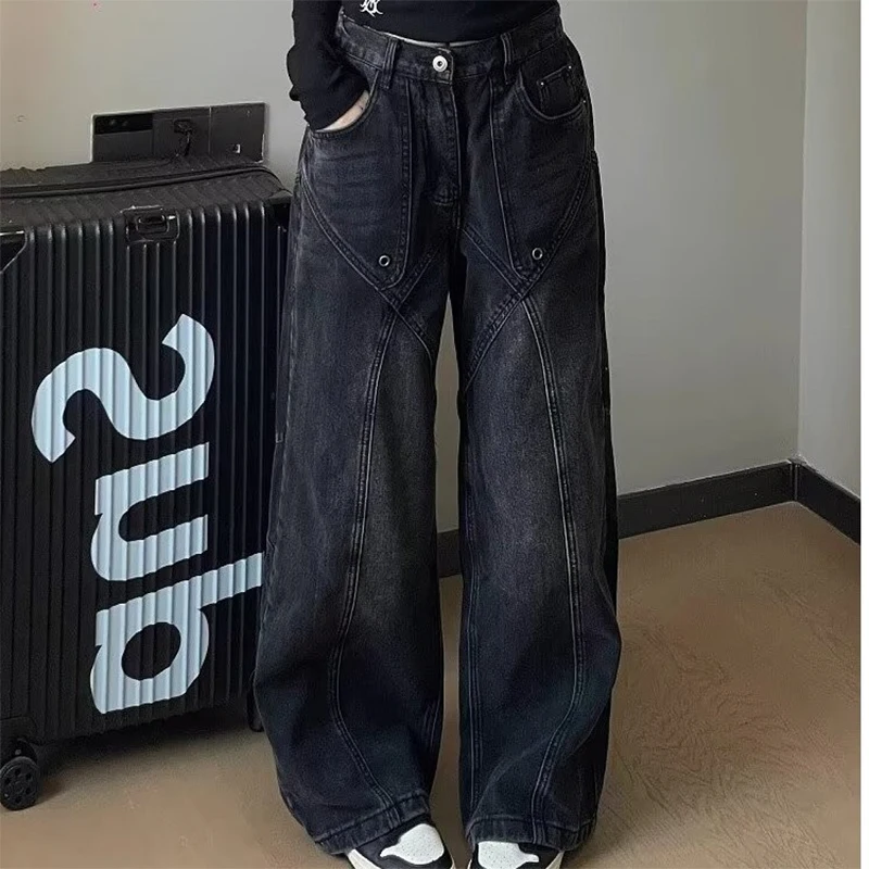 Women Black Gothic Baggy Jeans Harajuku Aesthetic Emo Denim Trousers Y2k Vintage Japanese 2000s Style Jean Pants Trashy Clothes