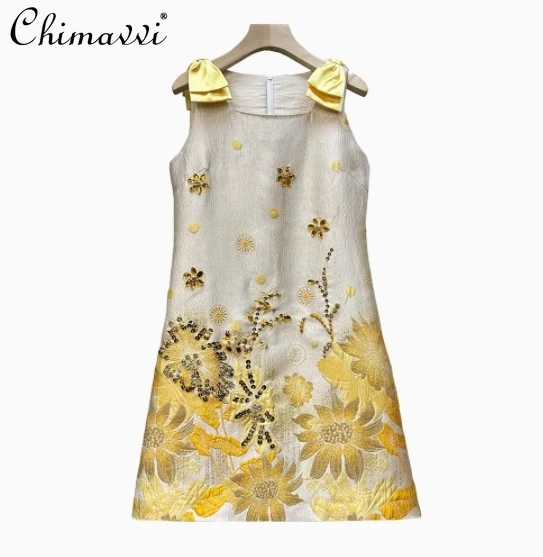 

Summer New Heavy Jacquard Bronzing Embroidered Beaded Sequined Diamond Vest Dress High-end Fashion Bow Sweet Princess Dresses