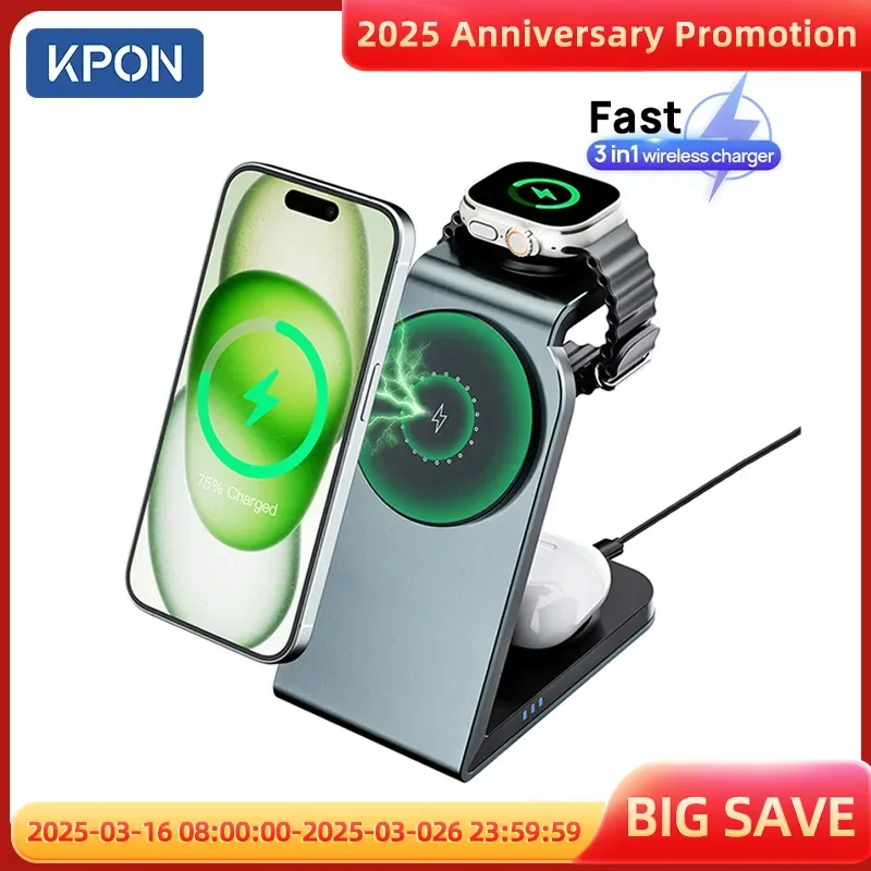 KPON 3 in 1 Magnetic Wireless Charging Station MagSafe Charger Stand for iPhone 16/15 Pro Max Apple iWatch 9/8/7/6/5 Airpods 3 2