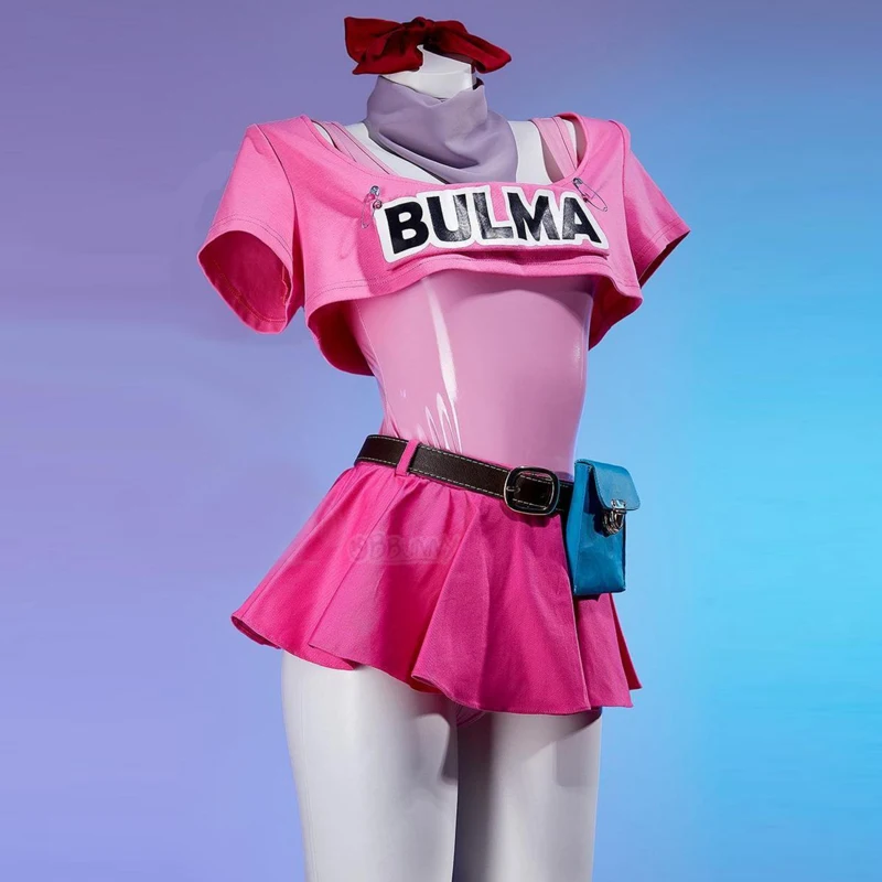 

Anime Bulma Cosplay Costumes Print Top PU leather Jumpsuit Skirts Headwear Scarf Belt Bag Full Set for Women's Halloween Clothes