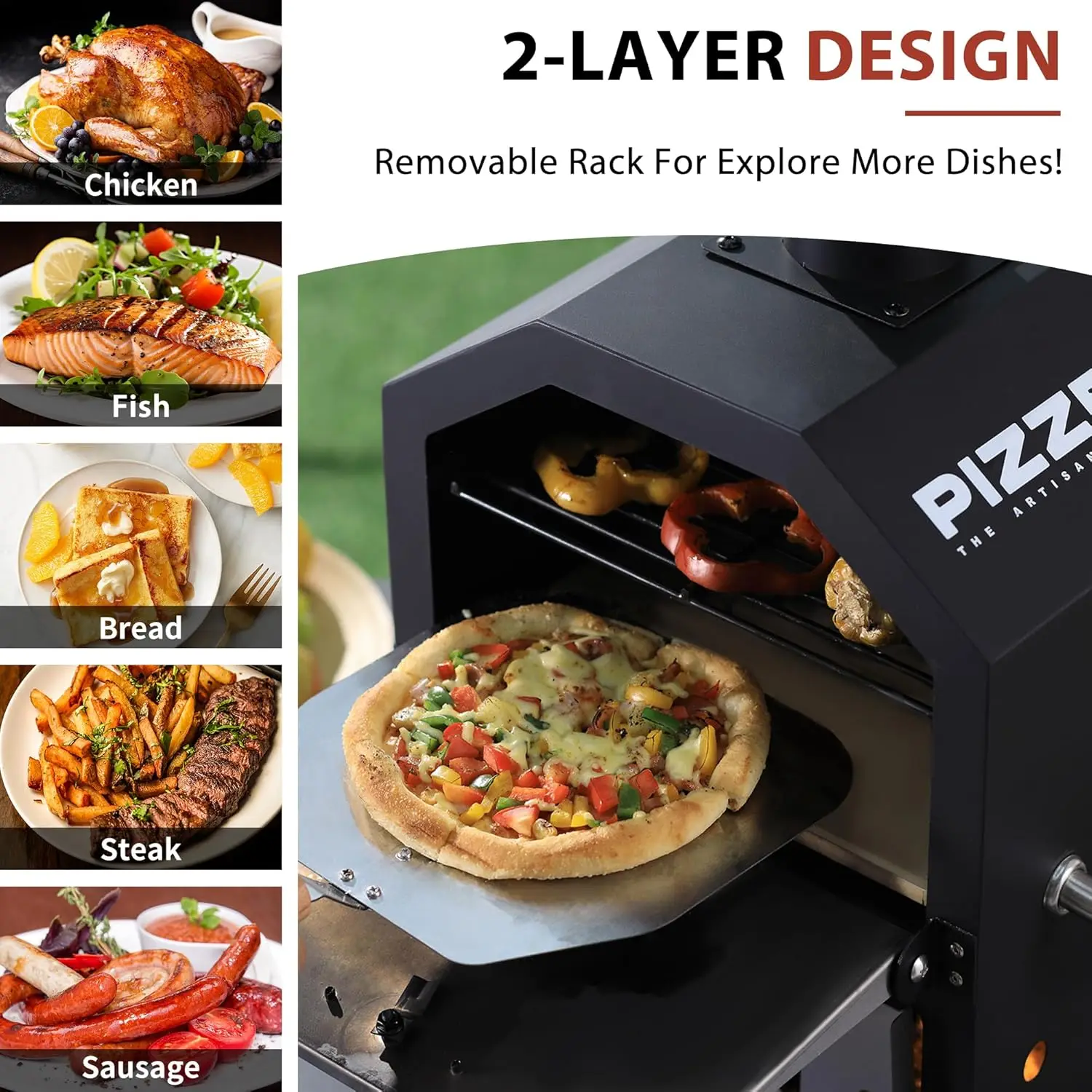 Outdoor Pizza Oven Wood Fired 2-Layer Pizza Ovens Outside Pizza Maker with Stone Pizza Peel CoverRemovable Cooking Rack for Camp