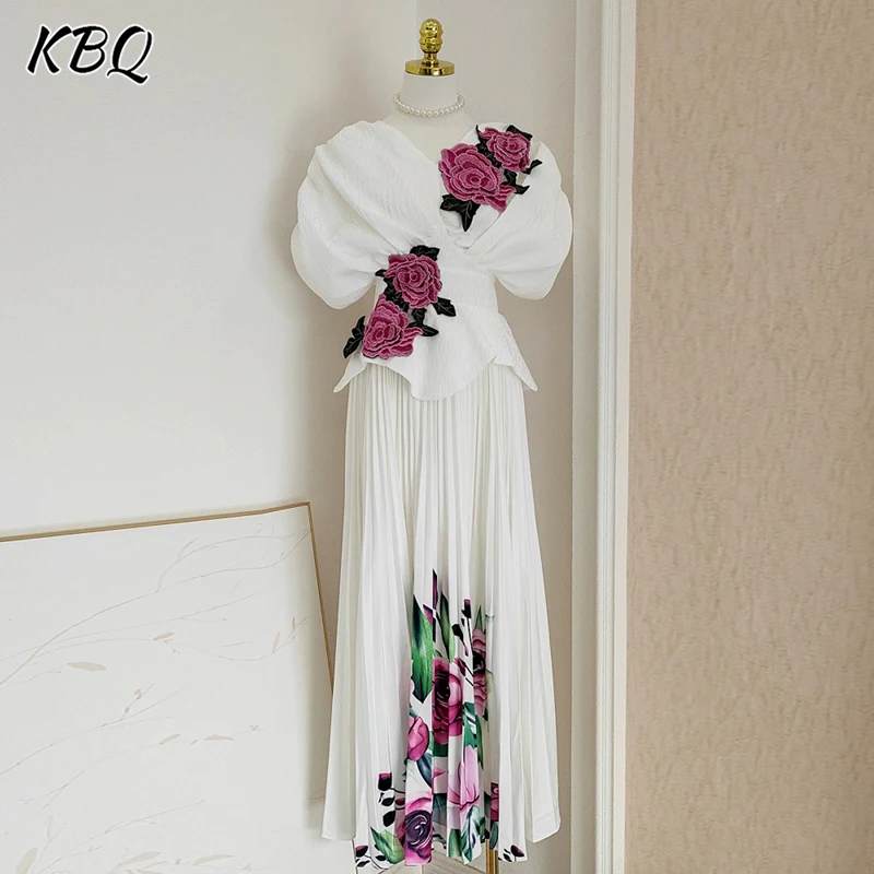 

KBQ Hit Color Printing Spliced Folds Tunic Dress for Women V Neck Batwing Sleeve Tunic Embroidery Evening Long Dresses Female