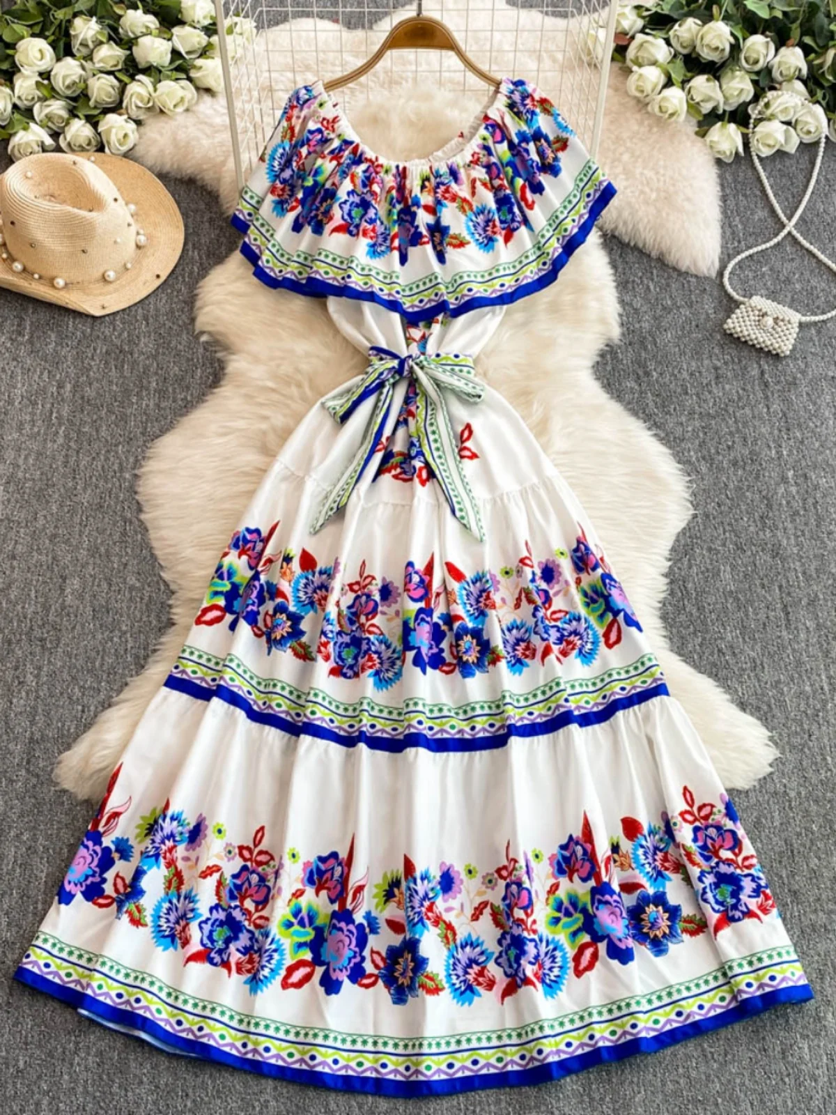 Vestido Largo de Verano con Estampado Floral, Un Hombro Descubierto, Cinturón, Estilo Coreano, Cintura Alta, Estilo de Cuento...