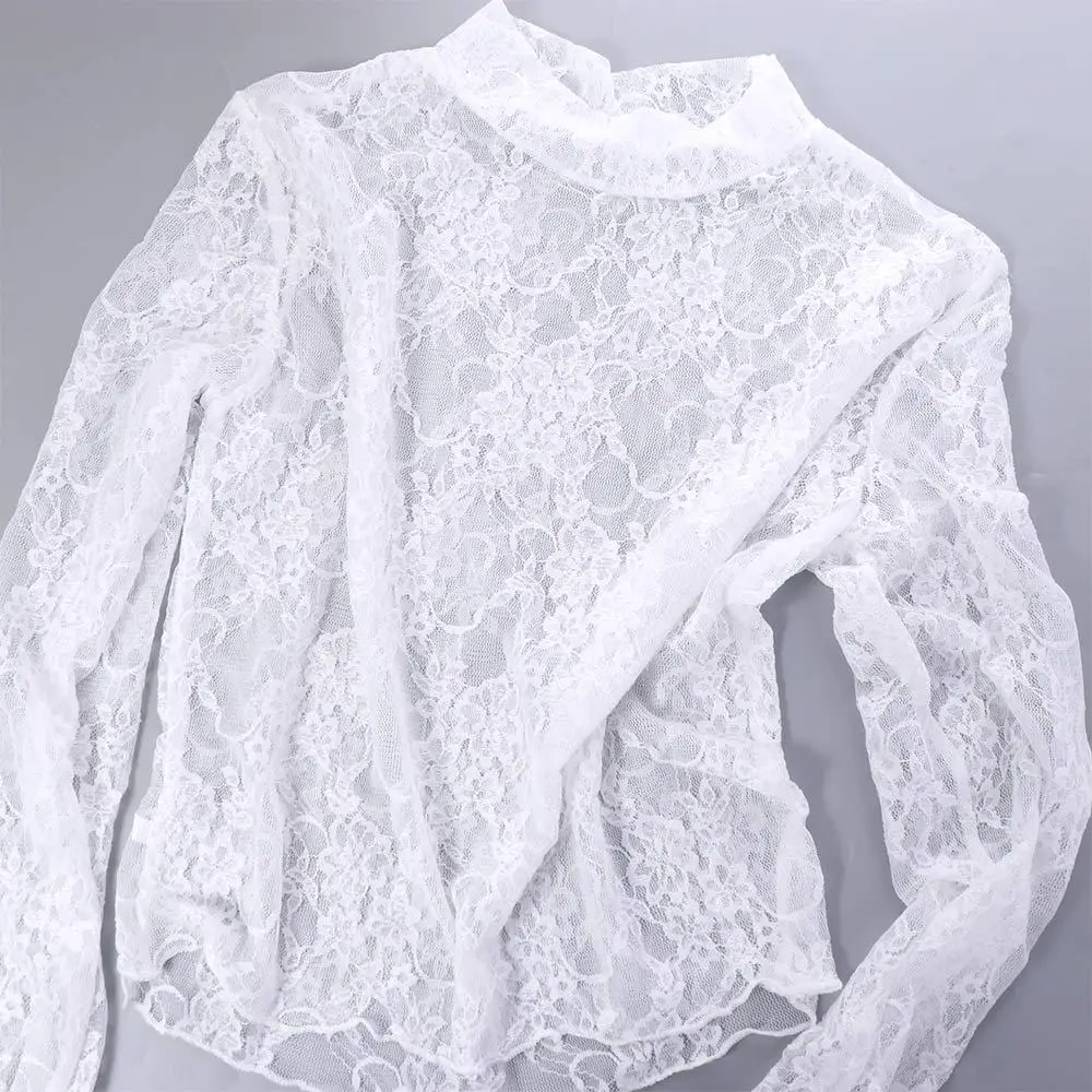 Sweet Floral Lace Bottomed Blouse Embroidery Hollow Long Sleeve Mesh Top Undershirt See-Through Beach